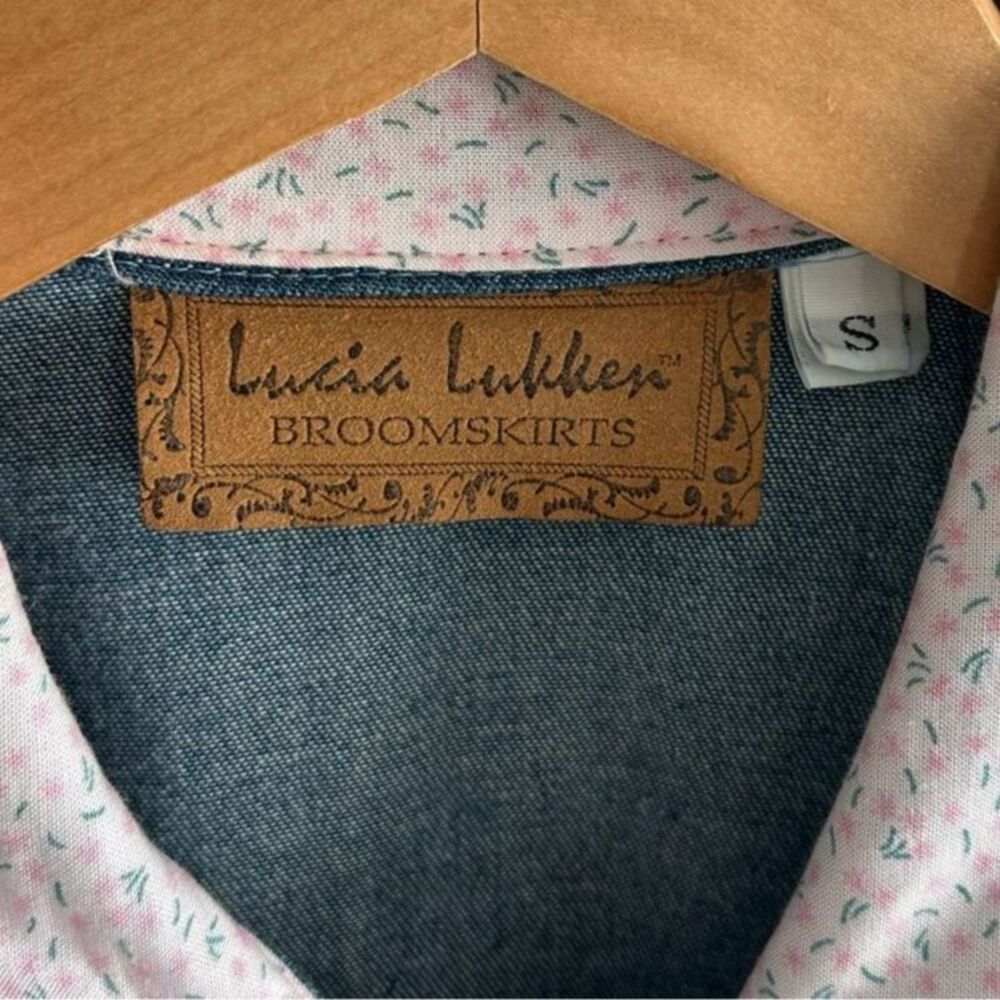 Vtg Lucia Lukken Broom Skirts Dress Blue Denim Vest Pink Floral Skirt Size Small - Picture 7 of 8